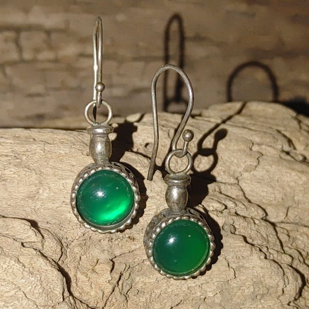 Vintage Sterling Silver Green Glass Dangle Earrings Round Bezel Settings Boho